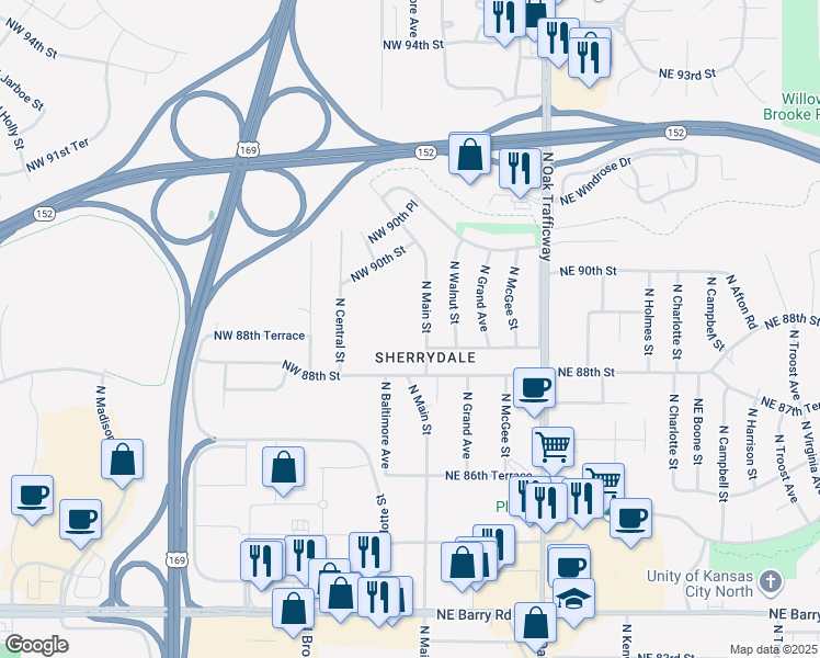 map of restaurants, bars, coffee shops, grocery stores, and more near 8840 North Main Street in Kansas City