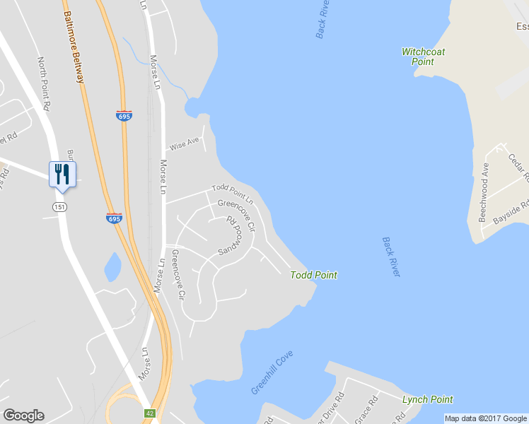 map of restaurants, bars, coffee shops, grocery stores, and more near 4540 Todd Point Lane in Sparrows Point