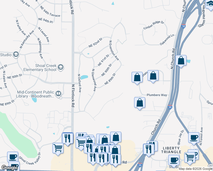 map of restaurants, bars, coffee shops, grocery stores, and more near 9501 Northeast 89th Street in Kansas City