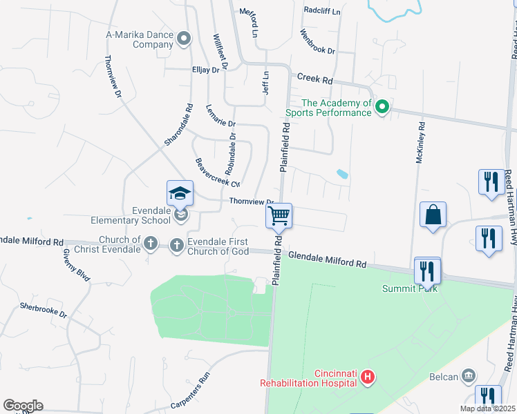 map of restaurants, bars, coffee shops, grocery stores, and more near 10495 Thornview Drive in Cincinnati