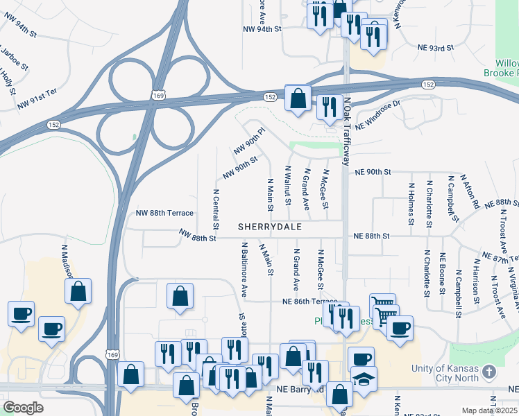 map of restaurants, bars, coffee shops, grocery stores, and more near 8840 North Main Street in Kansas City