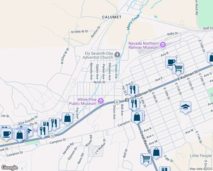 map of restaurants, bars, coffee shops, grocery stores, and more near 395 Stevens Avenue in Ely