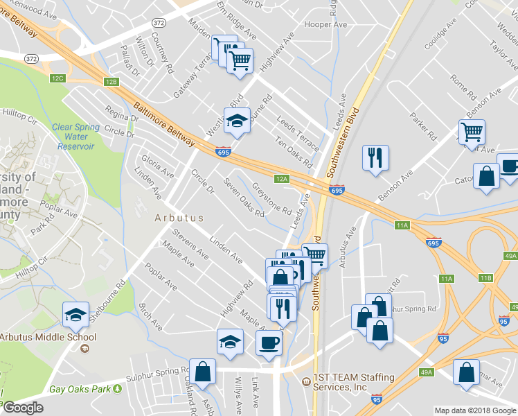 map of restaurants, bars, coffee shops, grocery stores, and more near 1230 Seven Oaks Road in Halethorpe