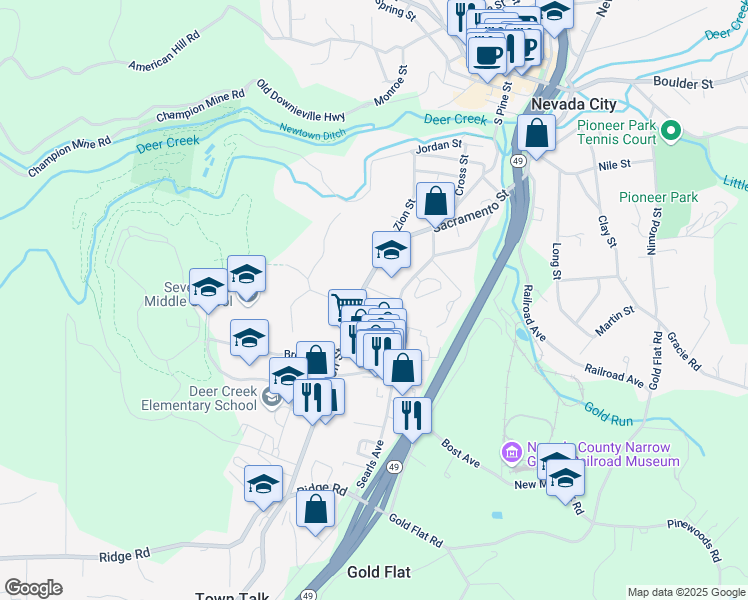 map of restaurants, bars, coffee shops, grocery stores, and more near 114 Walrath Avenue in Nevada City