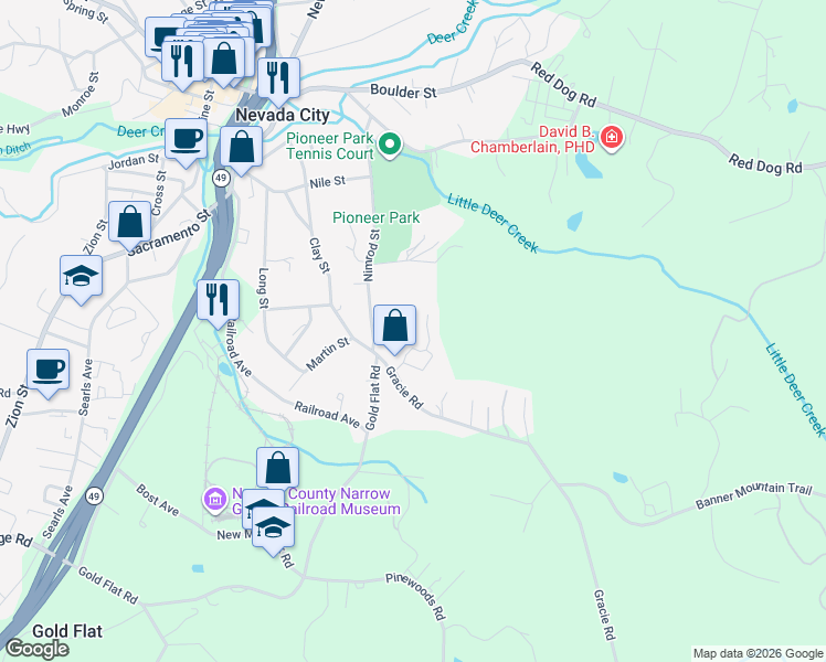 map of restaurants, bars, coffee shops, grocery stores, and more near 362 Gracie Road in Nevada City