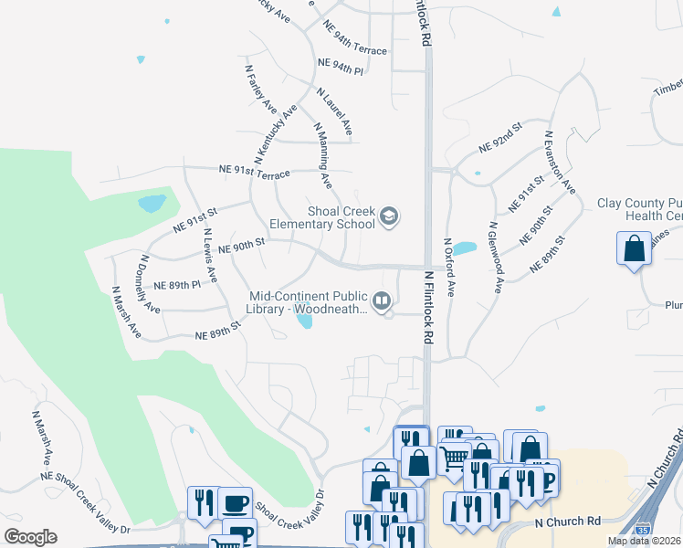 map of restaurants, bars, coffee shops, grocery stores, and more near 9025 Manning Avenue in Kansas City