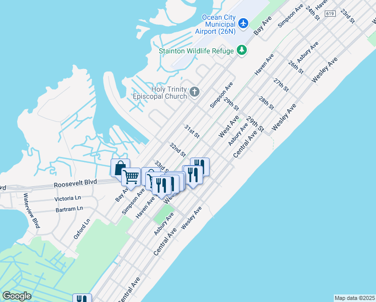 map of restaurants, bars, coffee shops, grocery stores, and more near 3136 Haven Avenue in Ocean City
