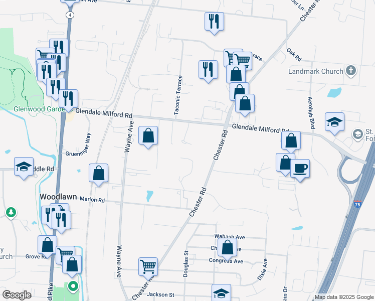 map of restaurants, bars, coffee shops, grocery stores, and more near 779 Glendale Milford Road in Cincinnati