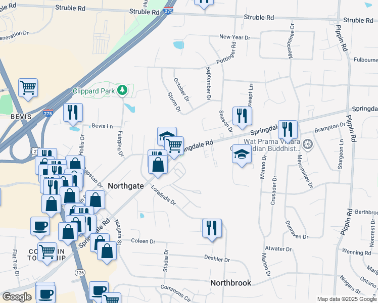 map of restaurants, bars, coffee shops, grocery stores, and more near 3260 Springdale Road in Cincinnati