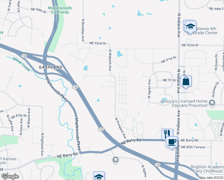 map of restaurants, bars, coffee shops, grocery stores, and more near 8910 North Prospect Avenue in Kansas City