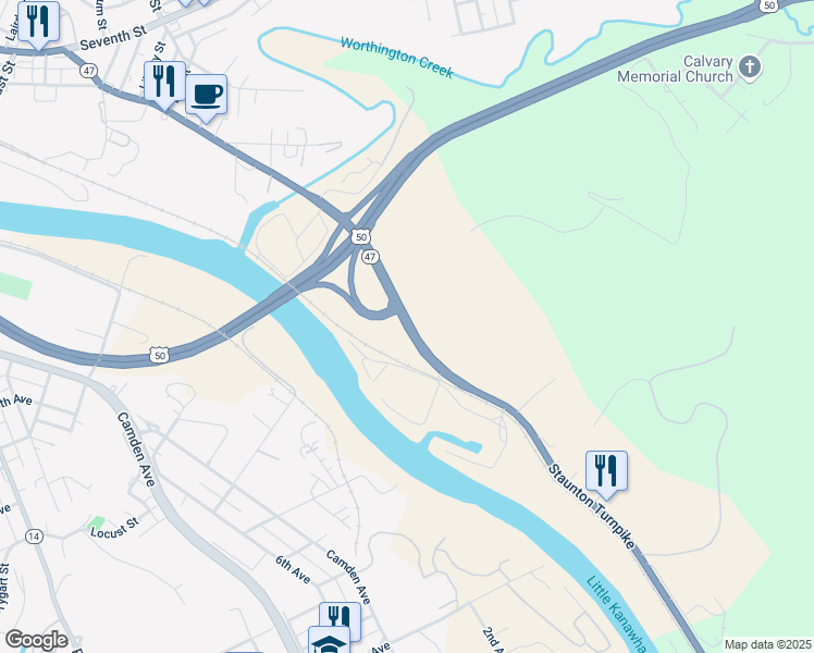 map of restaurants, bars, coffee shops, grocery stores, and more near 715 Staunton Turnpike in Parkersburg