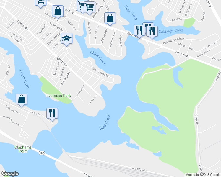 map of restaurants, bars, coffee shops, grocery stores, and more near 8640 Sandy Plains Road in Dundalk