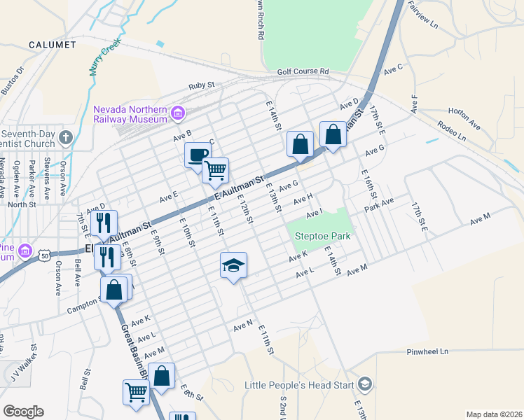 map of restaurants, bars, coffee shops, grocery stores, and more near 1225 Avenue H in Ely