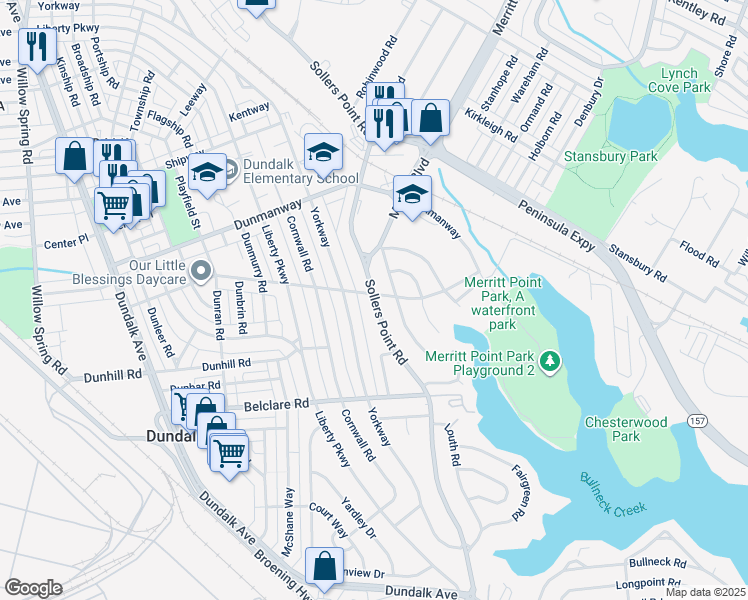 map of restaurants, bars, coffee shops, grocery stores, and more near 3102 Sollers Point Road in Dundalk