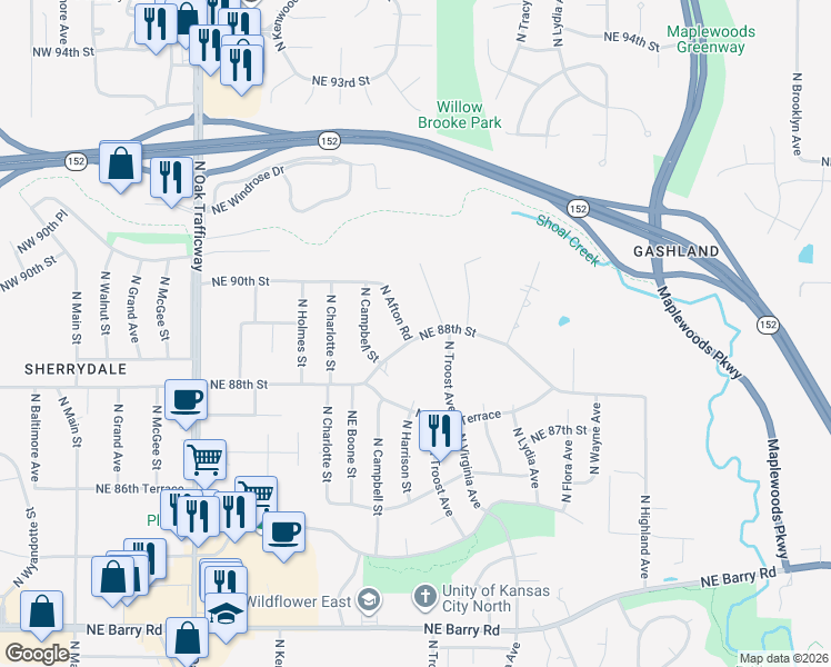 map of restaurants, bars, coffee shops, grocery stores, and more near 8801 North Afton Road in Kansas City