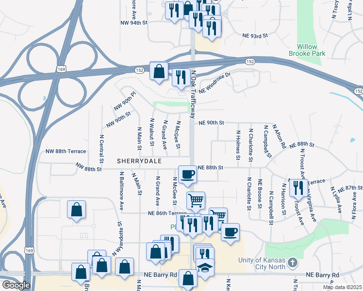 map of restaurants, bars, coffee shops, grocery stores, and more near 8816 North Oak Trafficway in Kansas City