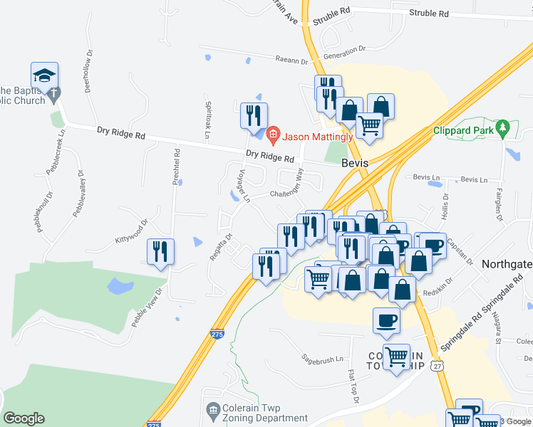map of restaurants, bars, coffee shops, grocery stores, and more near 9988 Voyager Lane in Cincinnati