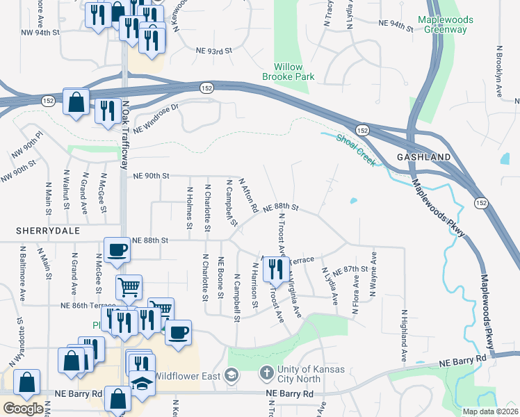 map of restaurants, bars, coffee shops, grocery stores, and more near 8801 North Afton Road in Kansas City