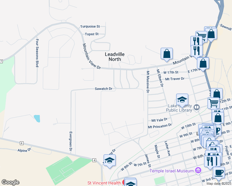 map of restaurants, bars, coffee shops, grocery stores, and more near 1601 Mount Lincoln Drive East in Leadville