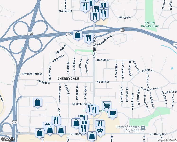 map of restaurants, bars, coffee shops, grocery stores, and more near 8816 North Oak Trafficway in Kansas City