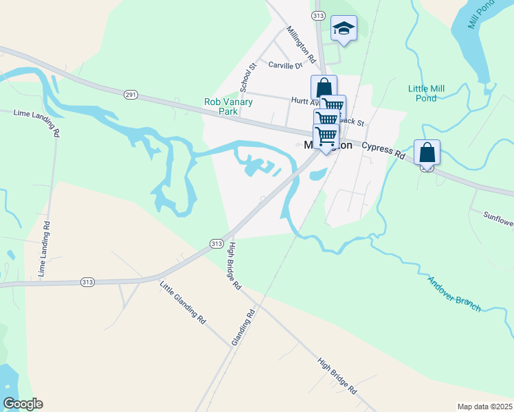 map of restaurants, bars, coffee shops, grocery stores, and more near 243 Sassafras Street in Millington