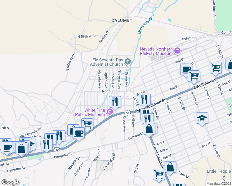 map of restaurants, bars, coffee shops, grocery stores, and more near 395 Stevens Avenue in Ely