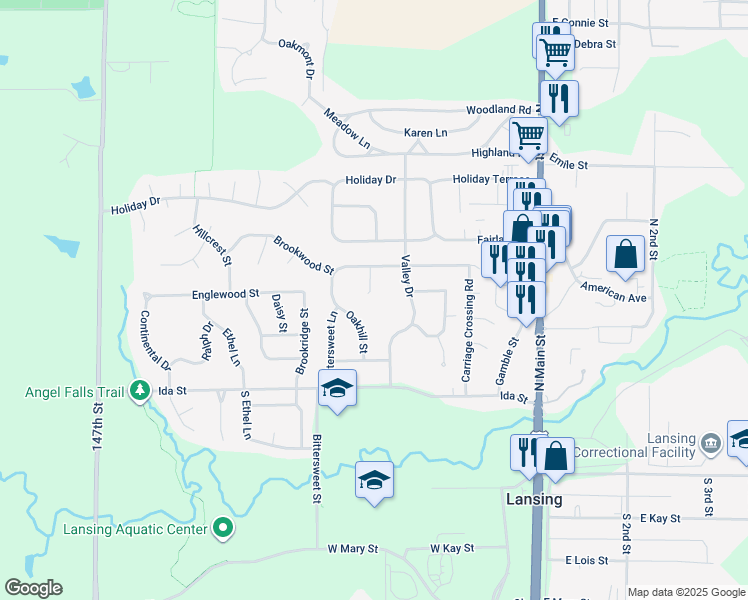 map of restaurants, bars, coffee shops, grocery stores, and more near 107 Brookwood Court in Lansing