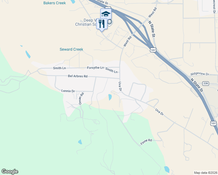 map of restaurants, bars, coffee shops, grocery stores, and more near 8051 Lorene Road in Redwood Valley