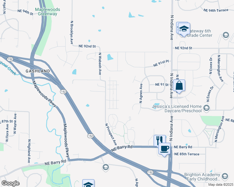 map of restaurants, bars, coffee shops, grocery stores, and more near 9001 North Prospect Avenue in Kansas City