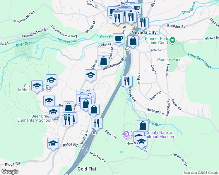 map of restaurants, bars, coffee shops, grocery stores, and more near 204 King Hiram Lane in Nevada City