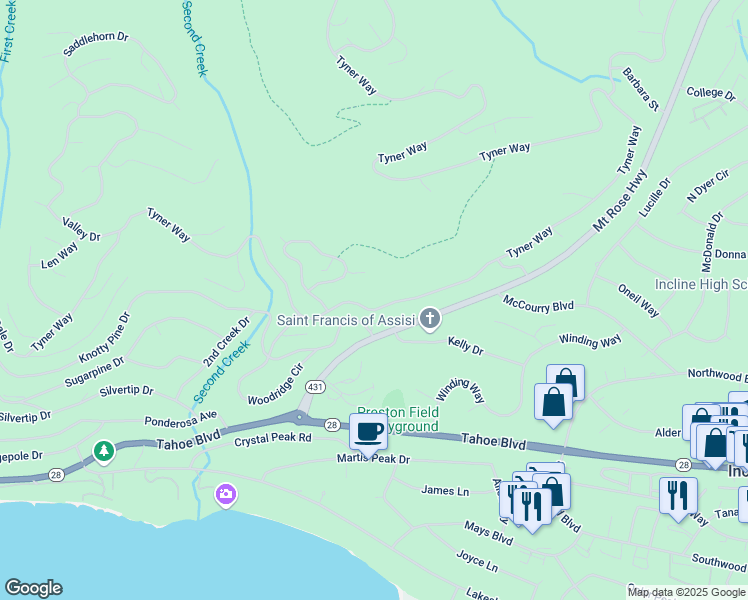 map of restaurants, bars, coffee shops, grocery stores, and more near 669 Tyner Way in Incline Village