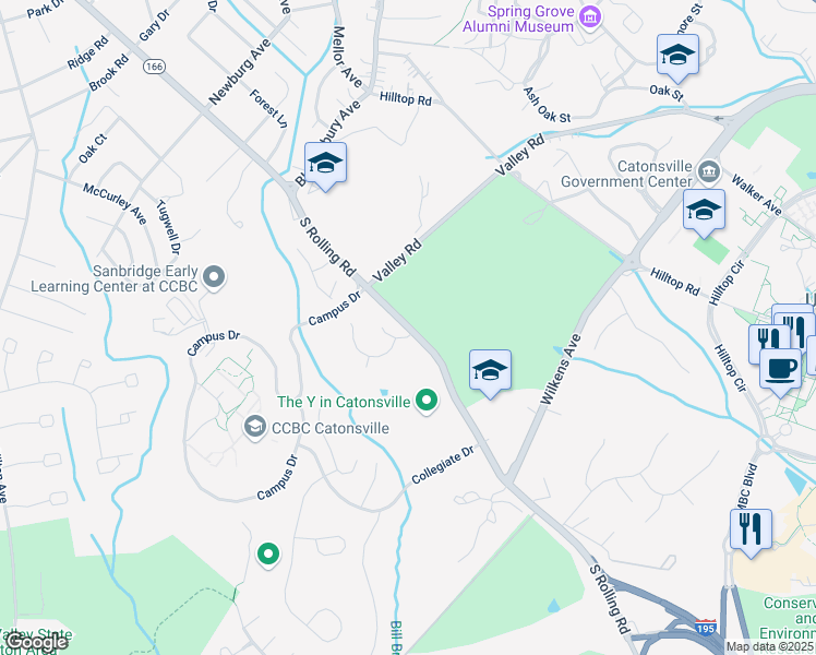 map of restaurants, bars, coffee shops, grocery stores, and more near 800 South Rolling Road in Catonsville