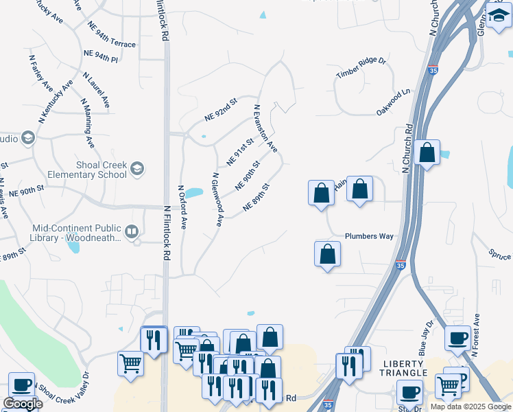 map of restaurants, bars, coffee shops, grocery stores, and more near 9501 Northeast 89th Street in Kansas City