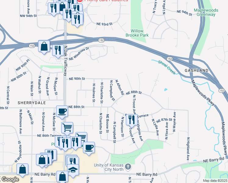 map of restaurants, bars, coffee shops, grocery stores, and more near 8825 North Campbell Street in Kansas City