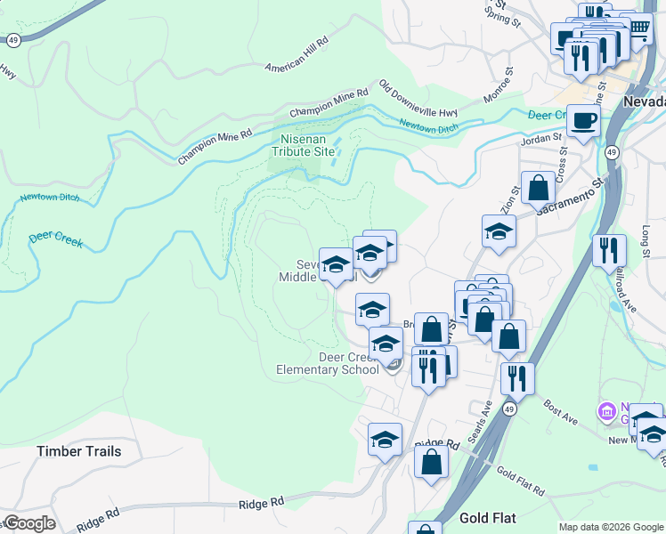 map of restaurants, bars, coffee shops, grocery stores, and more near Nevada City Tech Center Loop Trail in Nevada City