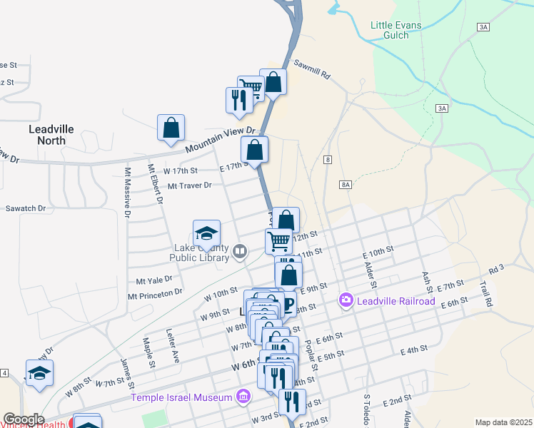 map of restaurants, bars, coffee shops, grocery stores, and more near 1300-1398 Poplar St in Leadville