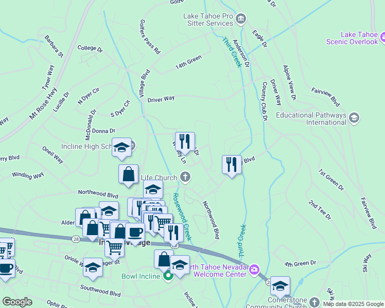 map of restaurants, bars, coffee shops, grocery stores, and more near 934 Wendy Lane in Incline Village