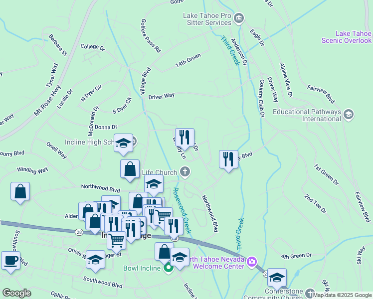 map of restaurants, bars, coffee shops, grocery stores, and more near 934 Wendy Lane in Incline Village