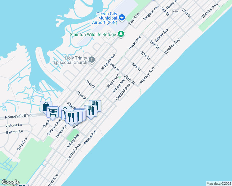map of restaurants, bars, coffee shops, grocery stores, and more near 3015 Central Avenue in Ocean City