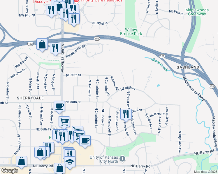 map of restaurants, bars, coffee shops, grocery stores, and more near 8825 North Campbell Street in Kansas City