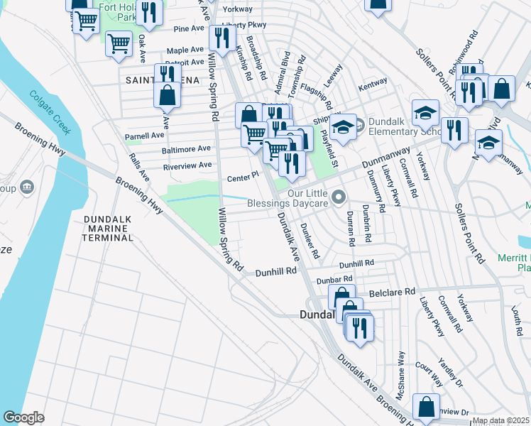 map of restaurants, bars, coffee shops, grocery stores, and more near 6775 Woodley Road in Dundalk