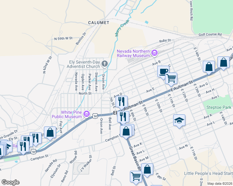 map of restaurants, bars, coffee shops, grocery stores, and more near 747 Avenue D in Ely