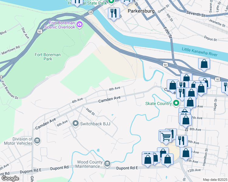 map of restaurants, bars, coffee shops, grocery stores, and more near 1205 Camden Ave in Parkersburg