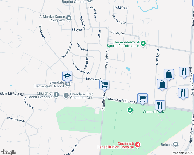 map of restaurants, bars, coffee shops, grocery stores, and more near 10496 Thornview Drive in Sharonville