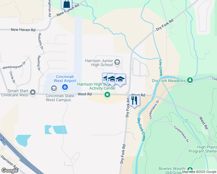 map of restaurants, bars, coffee shops, grocery stores, and more near 9860 West Road in Harrison
