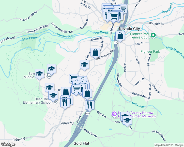 map of restaurants, bars, coffee shops, grocery stores, and more near 315 Bridge Way in Nevada City