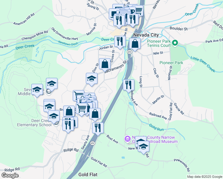 map of restaurants, bars, coffee shops, grocery stores, and more near 210 King Hiram Lane in Nevada City
