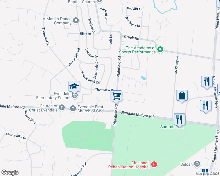 map of restaurants, bars, coffee shops, grocery stores, and more near 10495 Thornview Drive in Cincinnati