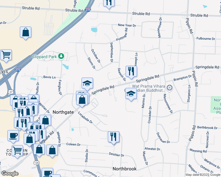 map of restaurants, bars, coffee shops, grocery stores, and more near 3231 Springdale Road in Cincinnati