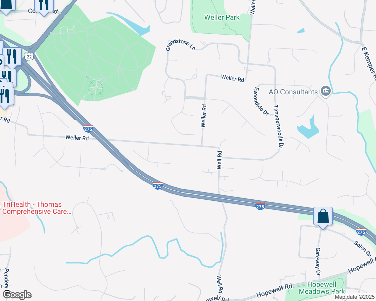 map of restaurants, bars, coffee shops, grocery stores, and more near 8563 Weller Road in Cincinnati